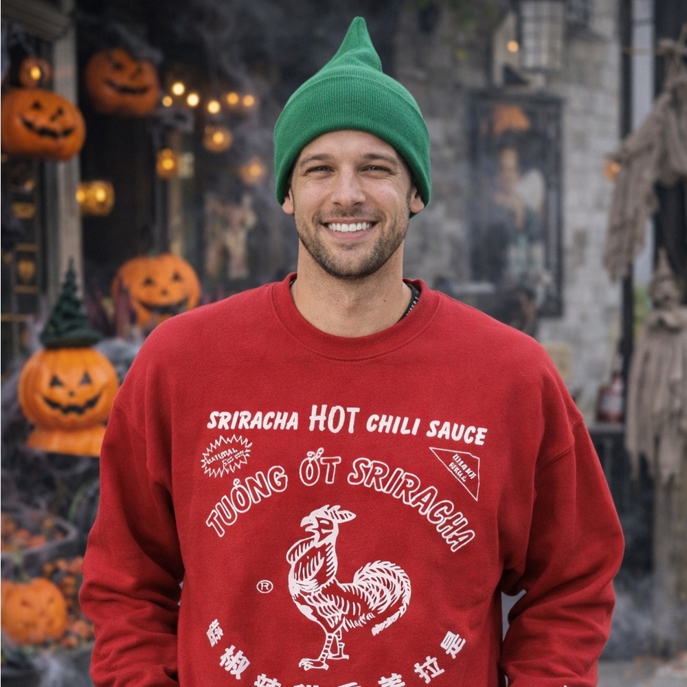 Sriracha Bottle Costume With Hat Funny Humor Hot Sauce Red Crewneck Sweatshirt